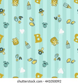 Welcome baby boy decorative seamless background with bib, soother, socks, baby bottle, white heart, bodysuit, letter b, toy. Funny cute new born boy vector seamless pattern on stripped blue background
