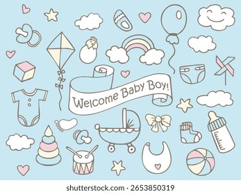 Bem-vindo, Menino! Divertido padrão bonito de crianças adesivos coloridos, ícones. Rabiscos desenhados à mão esboçam elementos infantis. Сelementos de design de estilo de desenho infantil