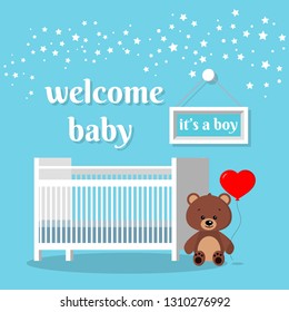  Welcome baby it's a boy.  Baby room with white bed, sign, stars, brown teddy bear with red ballon and words. Nursery interior. Cartoon flat style vector illustration.