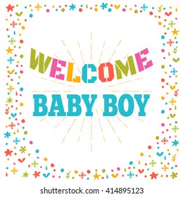 Welcome baby boy shower card. Cute postcard. Arrival card. Vector illustration