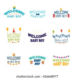 Welcome baby boy. Baby shower design. Arrival postcards. Set of labels, emblems, stickers or badges. Vector illustration