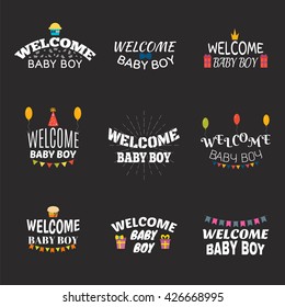 Welcome baby boy. Baby shower design. Arrival postcards. Set of labels, emblems, stickers or badges. Vector illustration