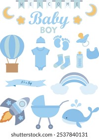 Welcome baby boy vector element. for celebrating newborn greeting card. for child nursery room decoration, backdrop illustration