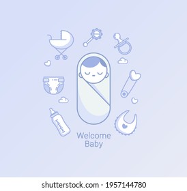 Welcome Baby Boy Vector Illustration with Newborn Boy Icon and Baby Related Goods.