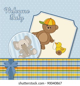 welcome baby card with boy teddy bear and his duck