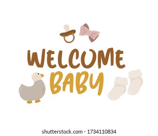 Welcome Baby card. Lettering with toys. Kids Shower Invitation template. Nursery Invite. Vector illustration