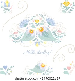 Welcome baby card and newborn announcement poster decorations. Gender reveal invitation elements. Hand drawn illustration of cute birds, flowers, hearts. Lovely, colorful symbols of a mother and baby.