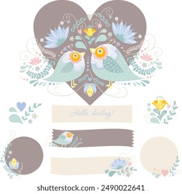 Welcome baby card and newborn announcement poster decorations. Gender reveal invitation elements. Hand drawn illustration of cute birds, flowers, hearts. Lovely, colorful symbols of a mother and baby.