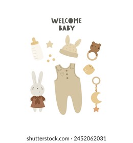 Welcome baby. Cartoon babe decor elements, hand drawing lettering. Colorful vector illustration, flat style. design for greeting cards, print, poster, baby shower 