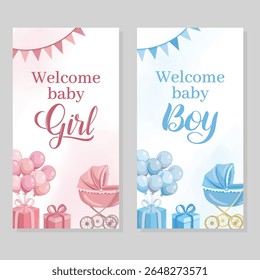 Welcome baby girl or boy greeting card with cute elements for gender reveal celebration in pink and blue colors