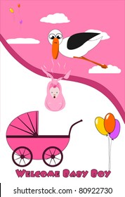 Welcome Baby Girl - card with stork and stroller