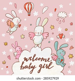 Welcome baby girl - concept card. Fantastic childish background made of cartoon signs: lovely rabbits, hearts, stars, clouds and air balloon in the sky. Sweet congratulation card in vector