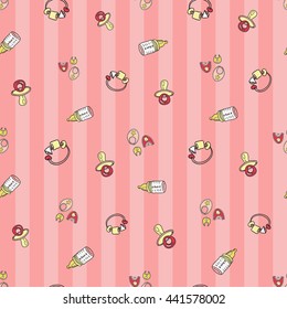 Welcome baby girl decorative seamless background with bib, rattle, soother, baby bottle. Funny cute new born girl vector seamless pattern on stripped pink background.