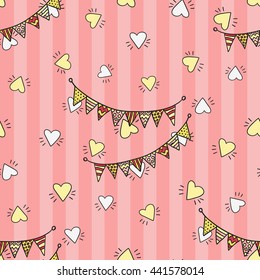 Welcome baby girl decorative seamless background with white heart, yellow heart, fabric banner. Funny cute new born girl vector seamless pattern on stripped pink background.