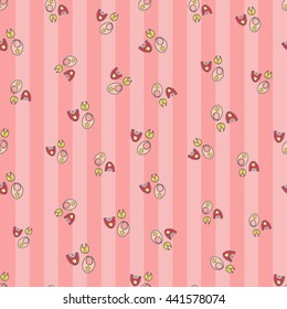 Welcome baby girl decorative seamless background with bib. Funny cute new born girl vector seamless pattern on stripped pink background.