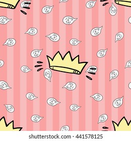 Welcome baby girl decorative seamless background with crown and it is a girl inscription. Funny cute new born girl vector seamless pattern on stripped pink background.