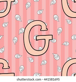 Welcome baby girl decorative seamless background with it is a girl inscription and letter g. Funny cute new born girl vector seamless pattern on stripped pink background.