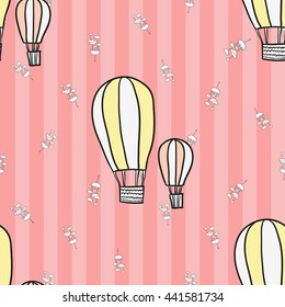 Welcome baby girl decorative seamless background with balloon and mobility. Funny cute new born girl vector seamless pattern on stripped pink background.