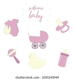 Welcome baby girl. Pink set of isolated decorative vector illustrations. Pacifier, pram, rattle, bib, duck, milk bottle.