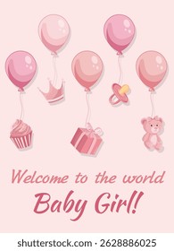 Welcome baby girl poster with pink party elements for greeting card or baby shower invitation. Cute and festive design for newborn announcement