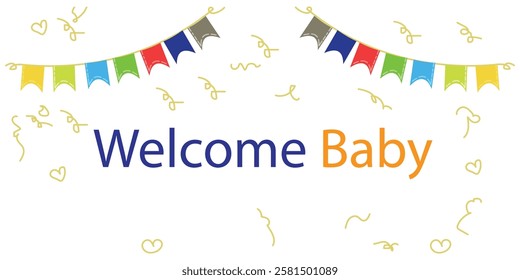 Welcome baby greeting card for childbirth with adorable baby accessories vector illustration design background