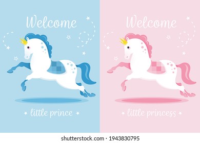 	
Welcome baby greeting card with cute horse and lettering little prince and princess