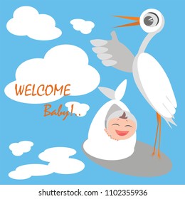 Welcome baby, greeting card with stork. Bird, baby, flat style, text