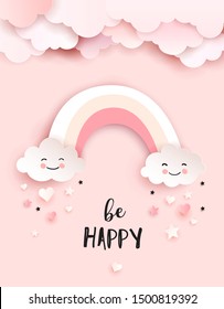 Welcome baby greetings card, nursery poster with cute clouds and rainbow, vector paper art