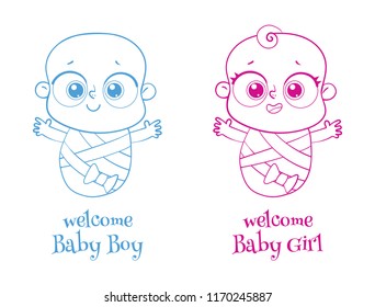 Welcome baby. Invite Greeting card it is a boy or a girl. Happy birthday, holiday, baby shower celebration greeting and invitation card. Funny cartoon character. Vector illustration. Coloring book