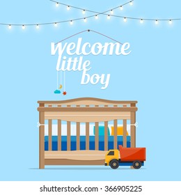  Welcome baby little boy.  Baby room with bed and words. Nursery interior. Flat style vector illustration.