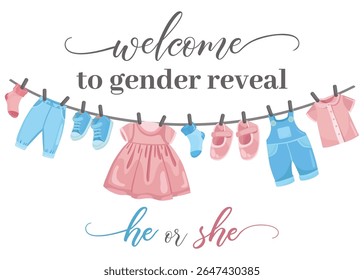 Welcome to baby shower banner with hanging baby boy and girl clothes in pink and blue colors, perfect for gender reveal or newborn celebration