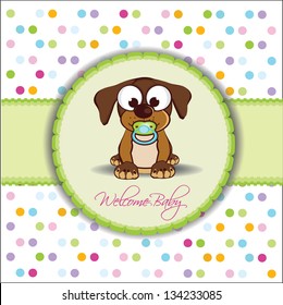 welcome baby, baby shower, colorful invitation with little dog