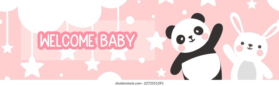 Welcome Baby, Baby Shower Cute Banner Design, pink kids banner with panda bear and little rabbit