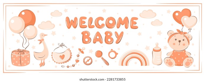 Welcome baby. Baby shower invitation with Children's toys, balloons and clouds. Vector illustration