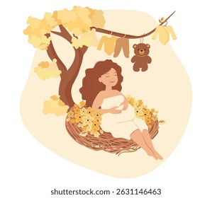 Welcome to the baby shower. A pregnant woman sits peacefully in a large bird's nest decorated with yellow flowers, the nest placed on a tree branch. She is wearing a light dress.