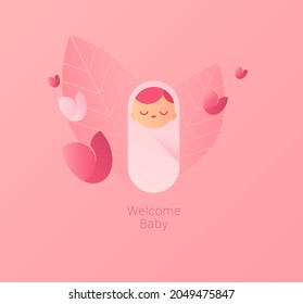 Welcome Baby Vector Illustration with Newborn Girl Icon and Floral Elements.