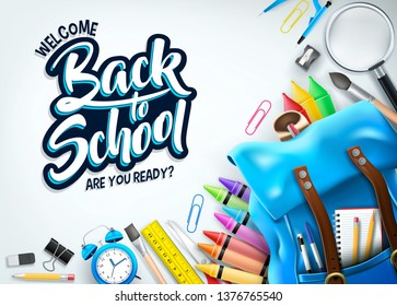 Welcome Back Banner with Blue Backpack and Supplies Like Notebook, Pen, Pencil, Colors, Ruler, Magnifying Glass, Eraser, Paper Clip, Sharpener, Alarm Clock