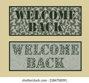Willkommen zurück mit Camo-Schriftart auf Camouflage-strukturiertem Hintergrund