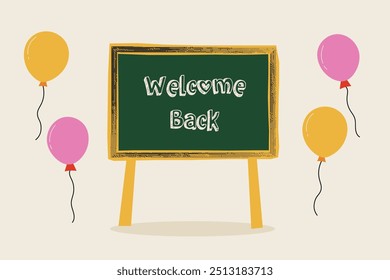 Quadro-negro "Welcome Back" com balões coloridos. Volte para o ambiente escolar. Ideal para conteúdo educacional, promoções de volta à escola e eventos infantis.