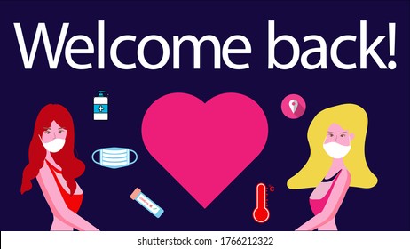 Welcome back fitness gym banner,Open a Gym, Sport girl with face mask and heart shape love sign showing the safety fitness gym solution from covid-19 pandemic.new normal after coronavirus pandemic