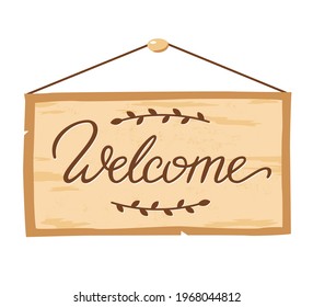 Welcome back lettering on door plaque. Welcome back hanging wood sign board. Concept for welcoming home. Vector lettering illustration