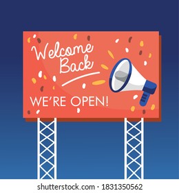 welcome back re opening banner and megaphone vector illustration design