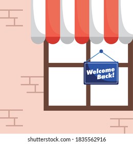 welcome back re opening label hanging in store window vector illustration design