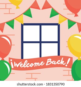 welcome back re opening lettering in placard with balloons helium and garlands vector illustration design