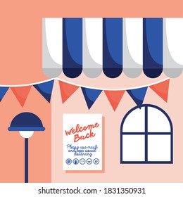 welcome back re opening poster in store facade and parasol vector illustration design