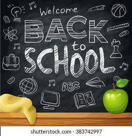 Welcome back to school, 1st September, Knowledge Day. Background on black chalkboard with school elements. Cartoon vector illustration