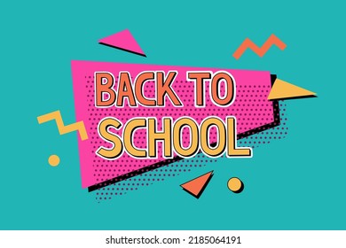 Welcome back to school abstract background. Sale banner, flyer. Flat geometric vector illustration. Retro style, 90s