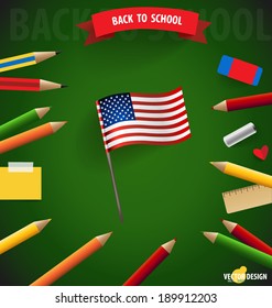 Bienvenido de vuelta a la escuela con la bandera estadounidense, ilustración vectorial.