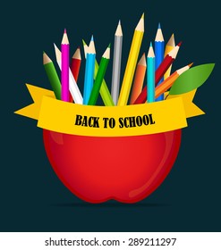 Welcome back to school with Apple and Color pencils background, vector illustration.