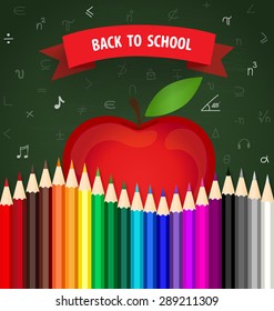 Welcome back to school with Apple and Color pencils background, vector illustration.